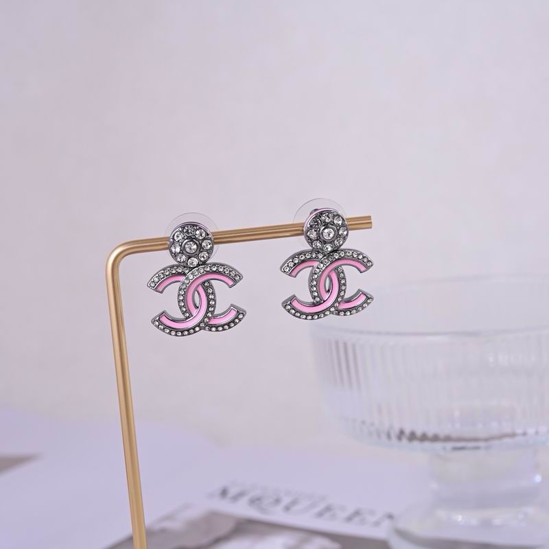 Chanel Pink Enamel and Crystal Double-C Stud Earrings