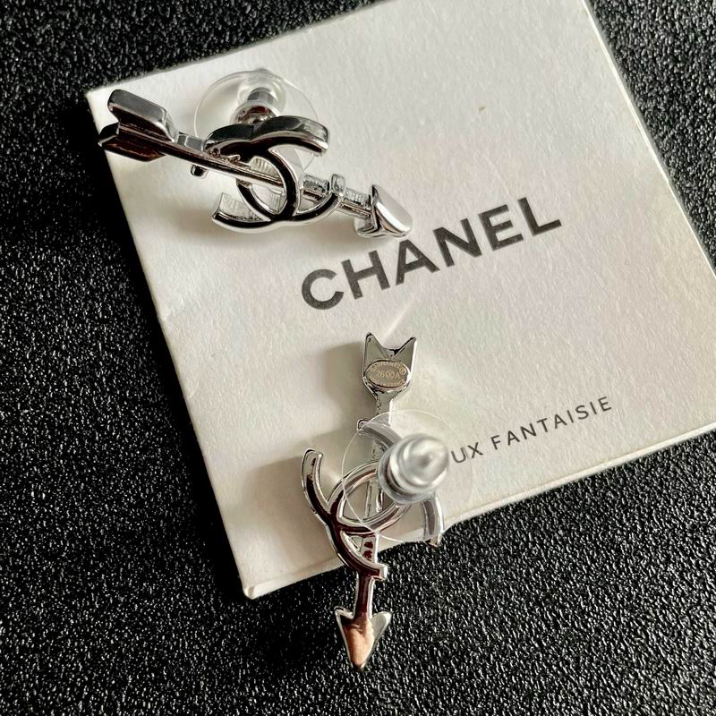 Chanel Silver-Tone Arrow CC Motif Stud Earrings