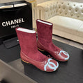 Chanel Burgundy Velvet Sock Ankle Boots with Light Blue CC Logo
