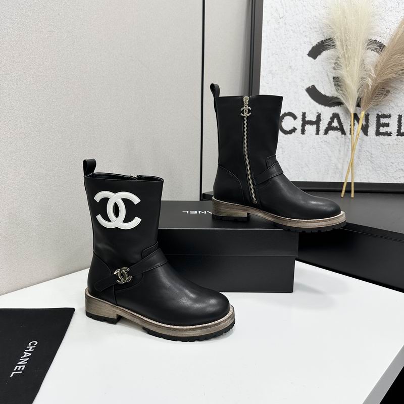 Chanel Black Mid-Calf Logo Boots with Lug Soles