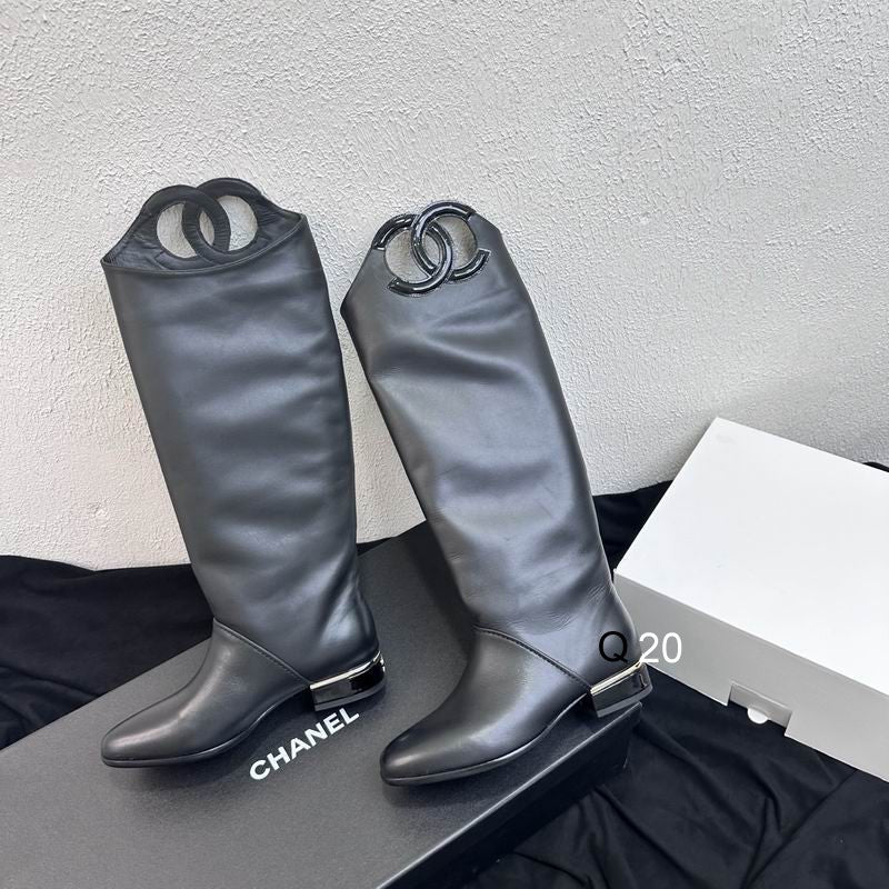 Chanel Black Leather CC Logo Knee-High Boots