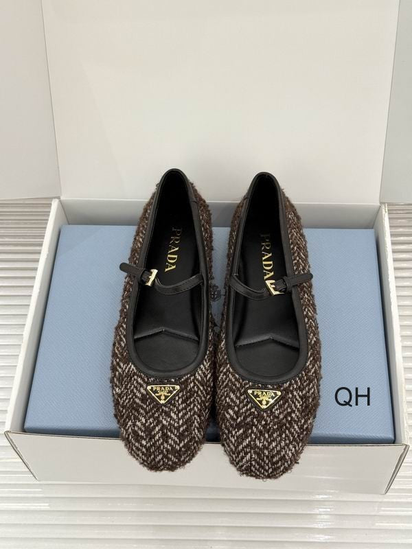 Prada Herringbone Tweed Mary Jane Ballet Flats