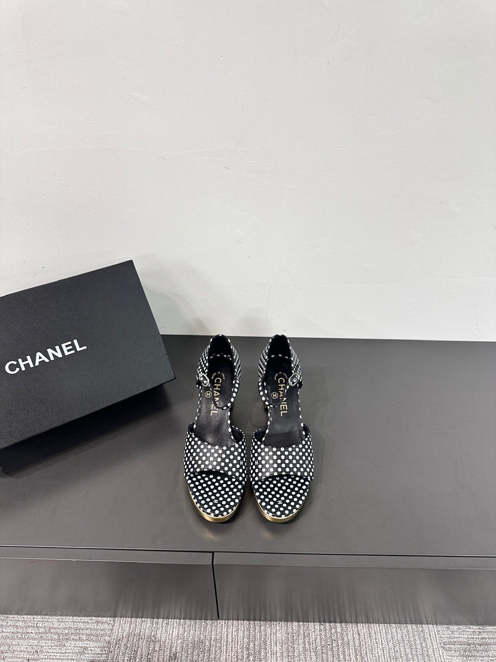CHANEL BLOCK HEEL SANDALS BLACK POLKA DOT SHEEPSKIN