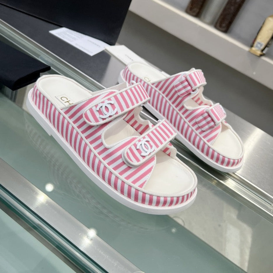 CHANEL Stripes Casual  Flat Sandals Light Pink White