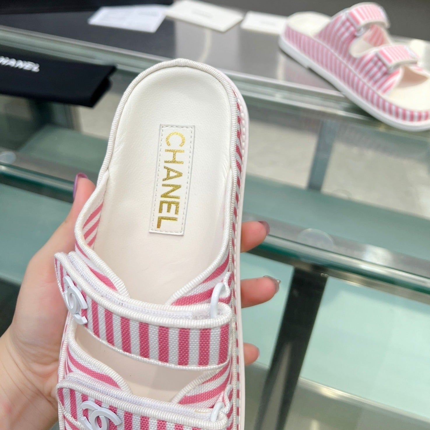 CHANEL Stripes Casual  Flat Sandals Light Pink White